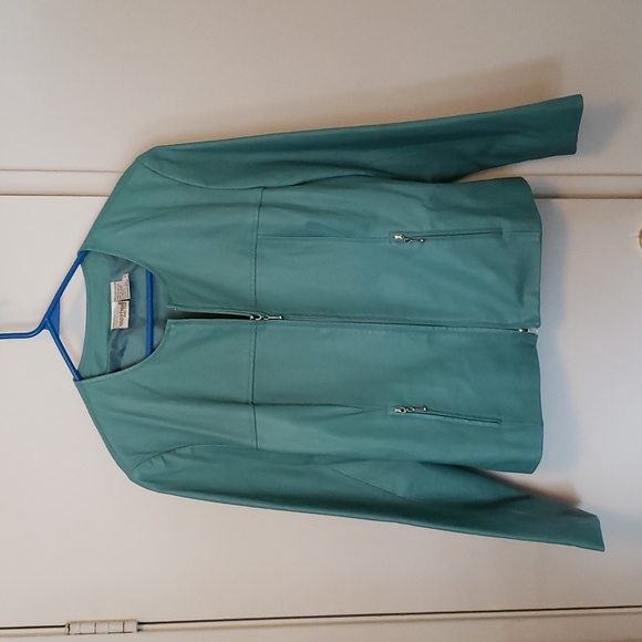 Turquoise lined leather jacket with double zipper and zippered pockets. - Picture 1 of 2